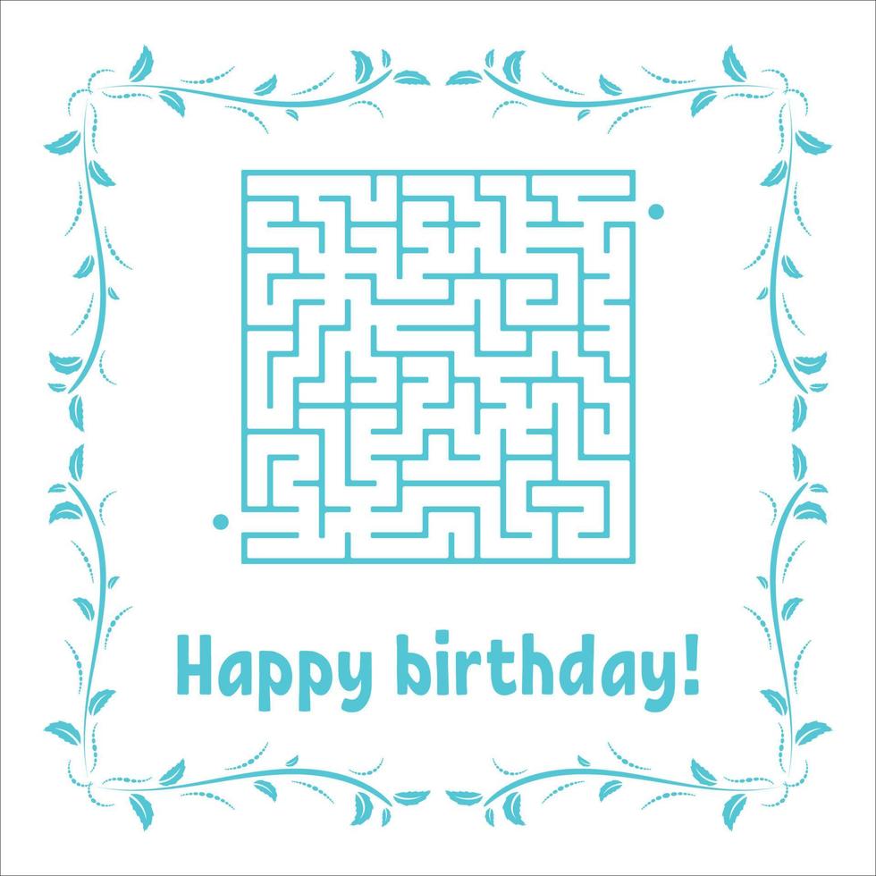 Farbgrußkarte mit einem quadratischen Labyrinth. Alles Gute zum Geburtstag. Spiel für Kinder. Puzzle für Kinder. Labyrinth Rätsel. Vektor-Illustration. Vintage-Rahmen. vektor