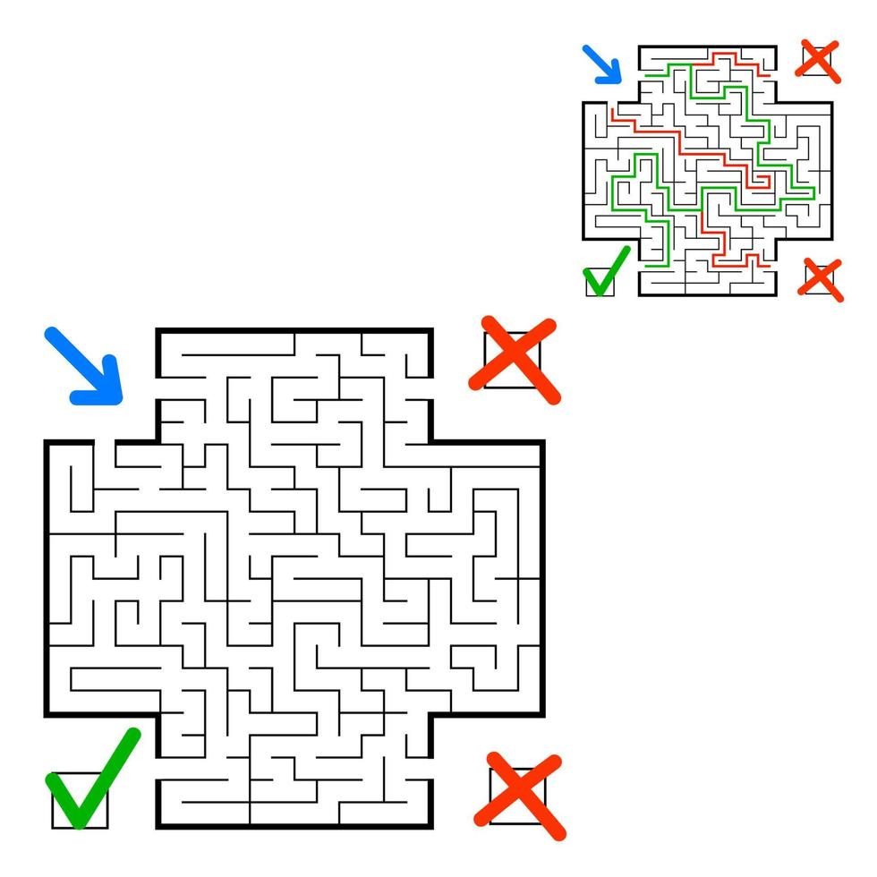 abstrakt fyrkantig labyrint. hitta rätt väg. spel för barn. pussel för barn. labyrintkonst. platt vektorillustration isolerad på vit bakgrund. med svar. med plats för din bild. vektor