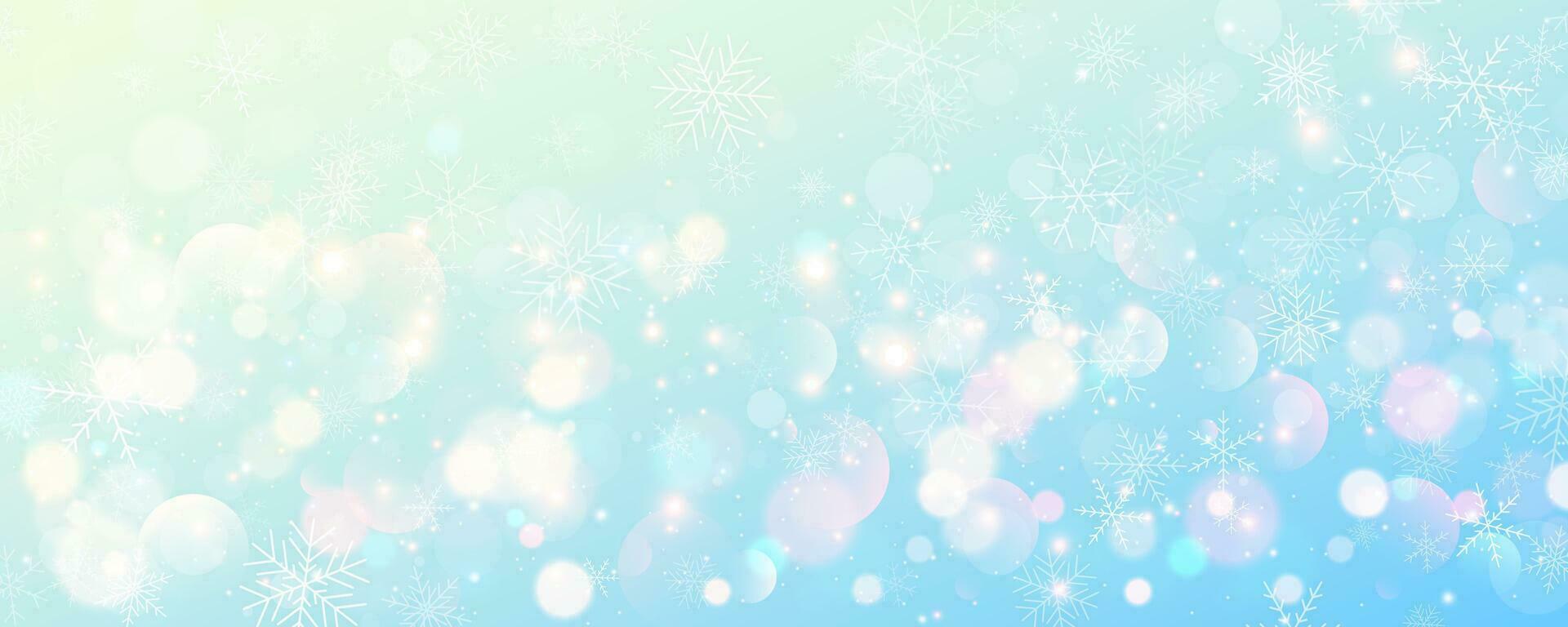 Weihnachten schneebedeckt Hintergrund. kalt Blau Winter Himmel. Vektor Eis Schneesturm auf Gradient Textur mit Bokeh und Flocken. festlich Neu Jahr Thema zum Jahreszeit Verkauf Hintergrund.