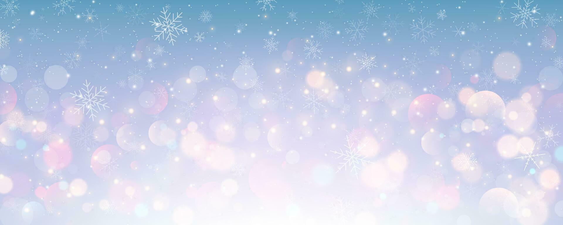 Weihnachten schneebedeckt Hintergrund. kalt Blau Winter Himmel. Vektor Eis Schneesturm auf Gradient Textur mit Bokeh. festlich Neu Jahr Thema zum Jahreszeit Verkauf Hintergrund.