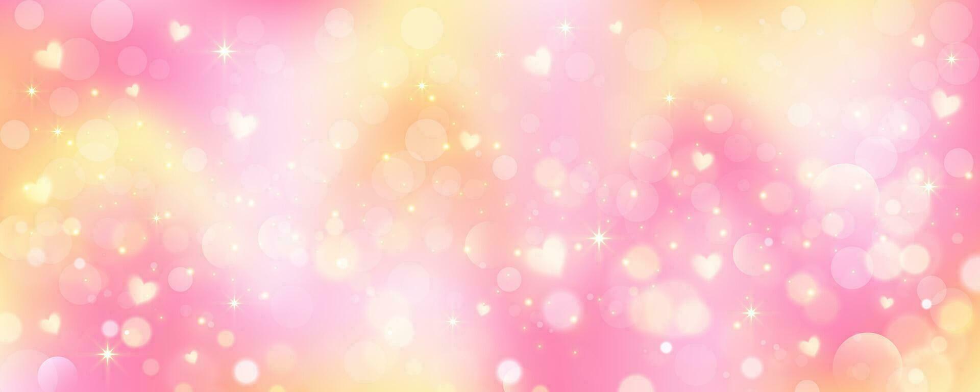 Rosa Gradient Hintergrund. Orange und Gelb Gittergewebe Pastell- Hintergrund. Pfirsich warm verschwommen Himmel mit Herz Sterne und Bokeh. Flüssigkeit Flüssigkeit Textur vektor