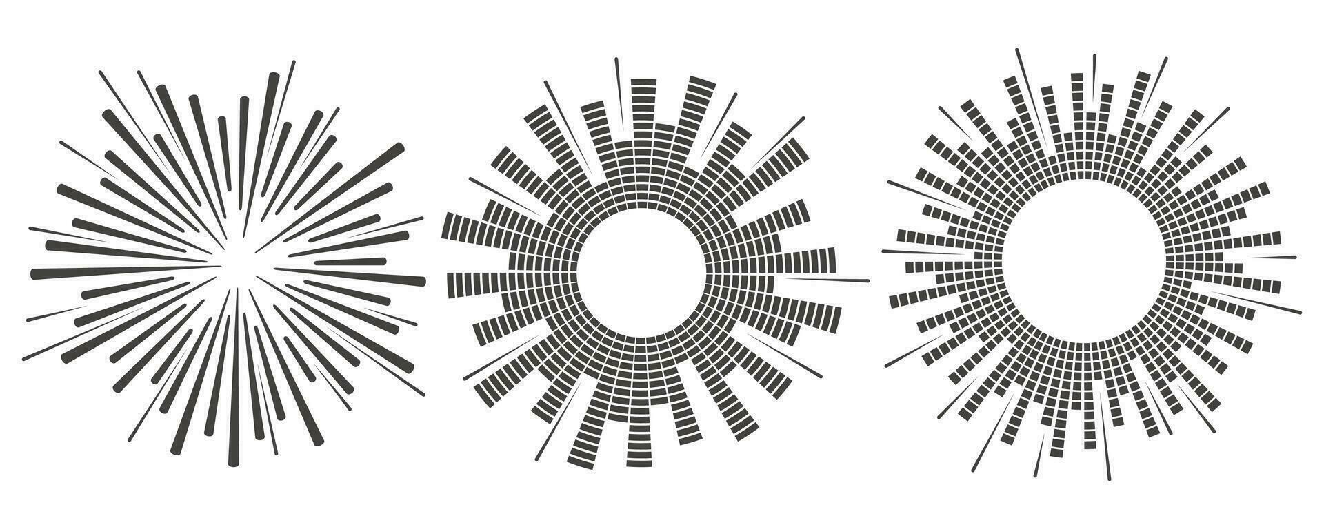 Kreis Klang Welle. Audio- Musik- Ausgleich. runden kreisförmig Symbole Satz. Spektrum radial Muster und Frequenz rahmen. Vektor Design