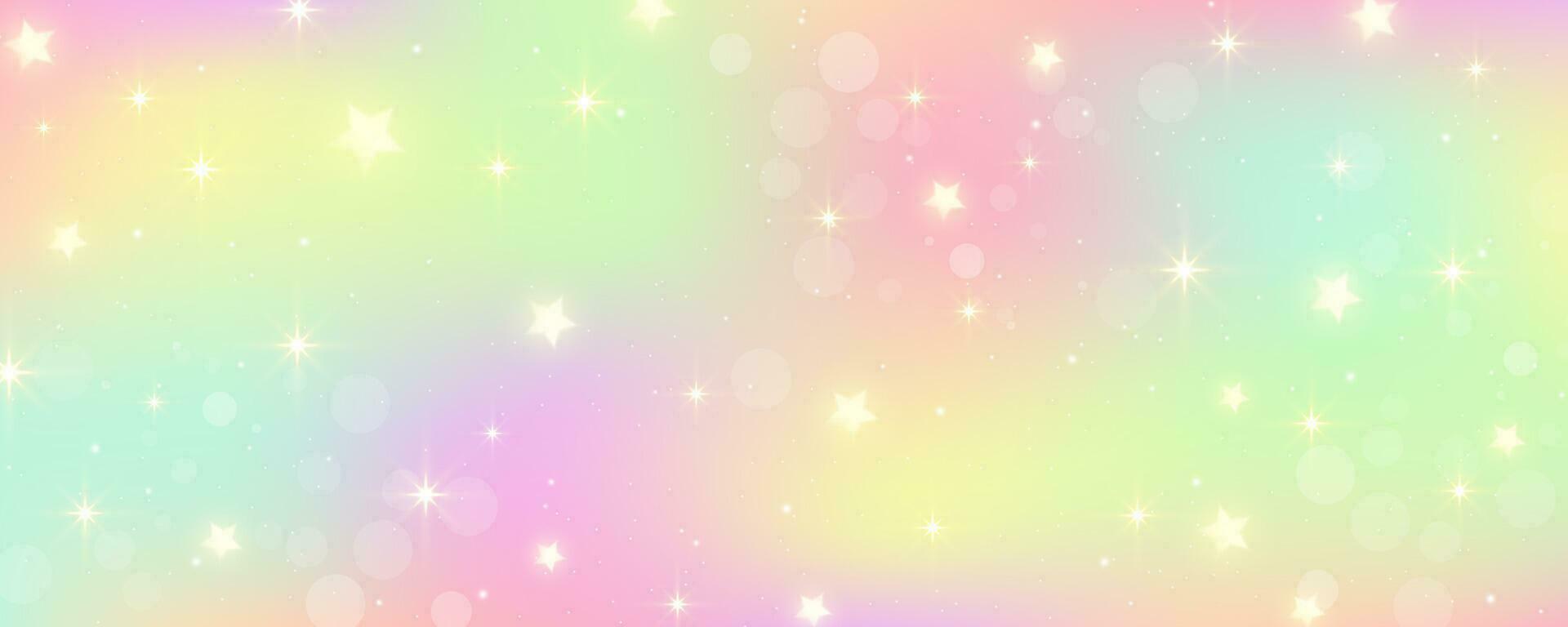 Regenbogen Einhorn Hintergrund. Pastell- Rosa Farbe Himmel mit Sterne. holographisch Fantasie drucken mit Bokeh. Vektor Hintergrund zum Prinzessin Mädchen Design.