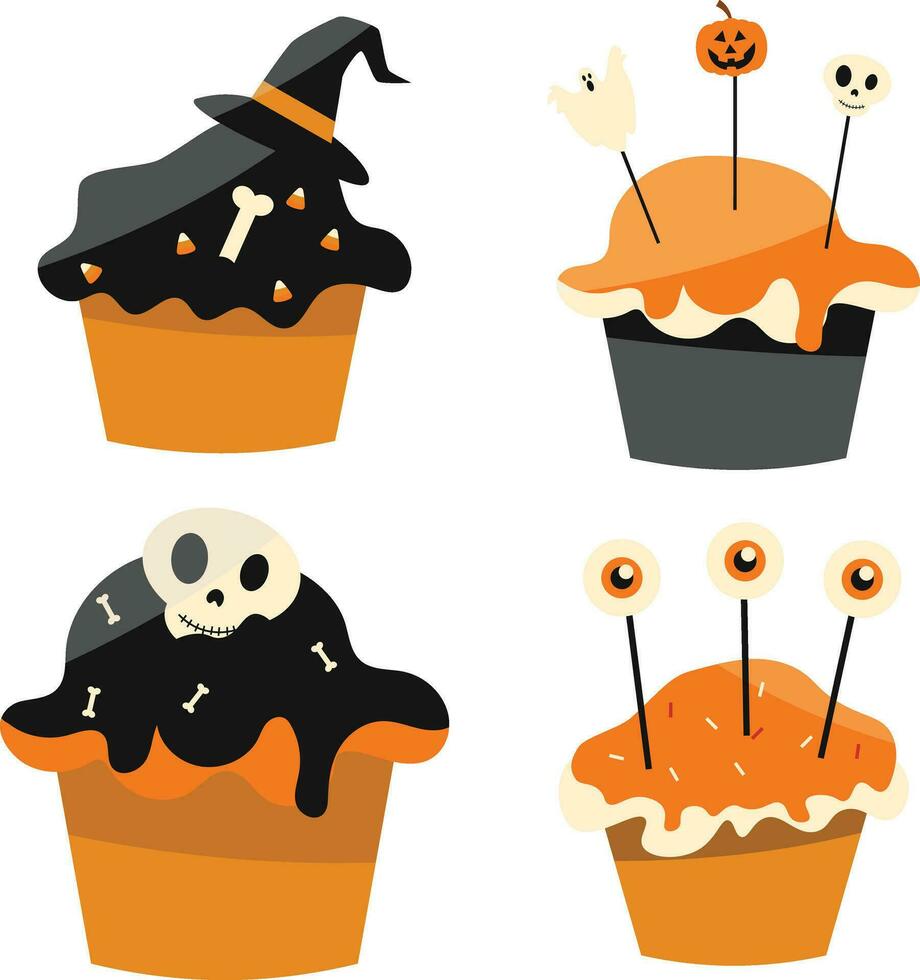 einstellen von Halloween Cupcake. isoliert auf Weiß Hintergrund. Vektor Illustration.