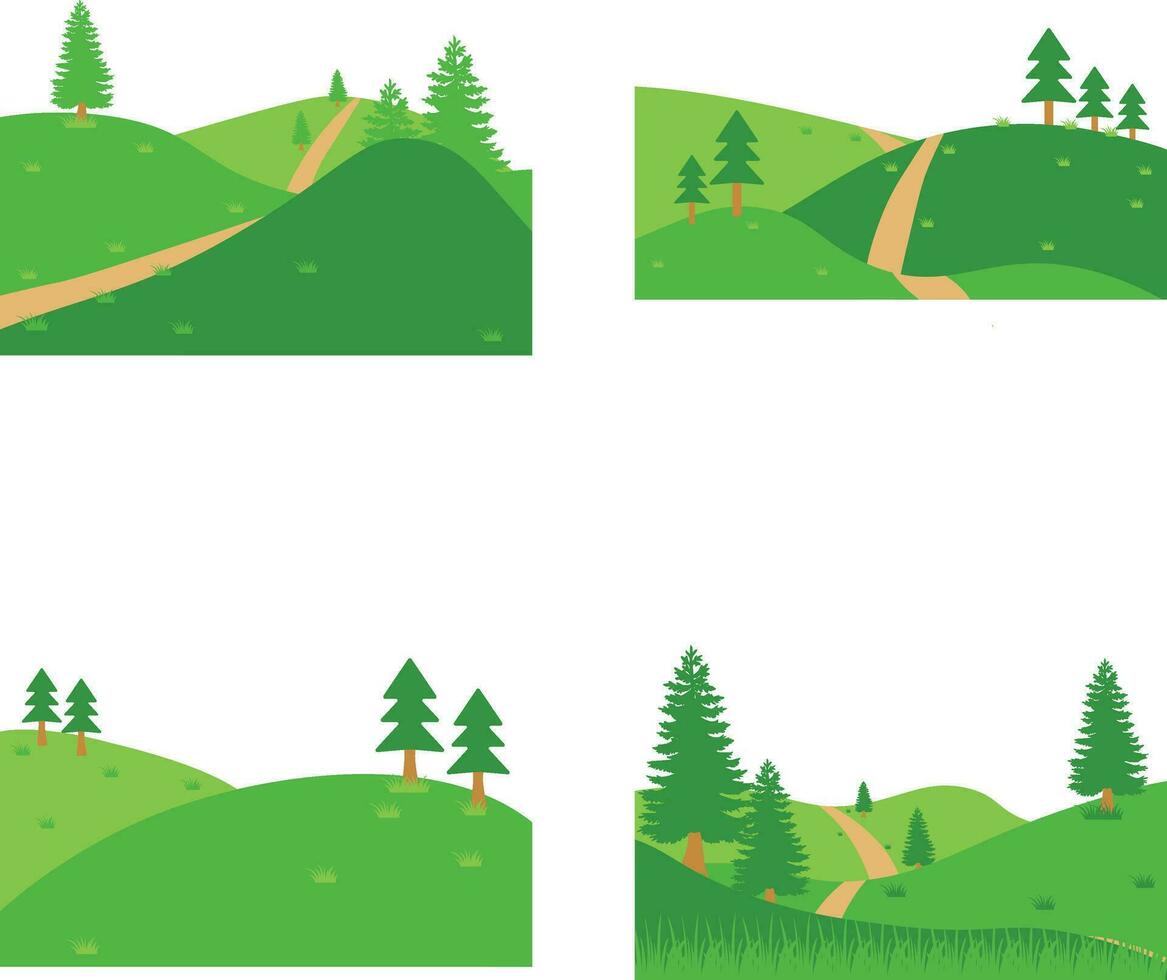 fält grön kullar i annorlunda form. isolerat på vit bakgrund. vektor illustration uppsättning.