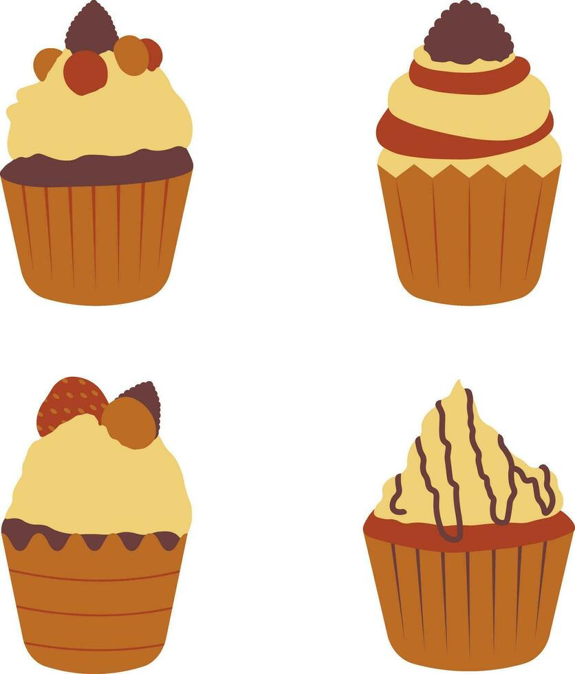 Cupcake Dessert im eben Karikatur gestalten und Design. isoliert auf Weiß Hintergrund. Vektor Illustration Satz.