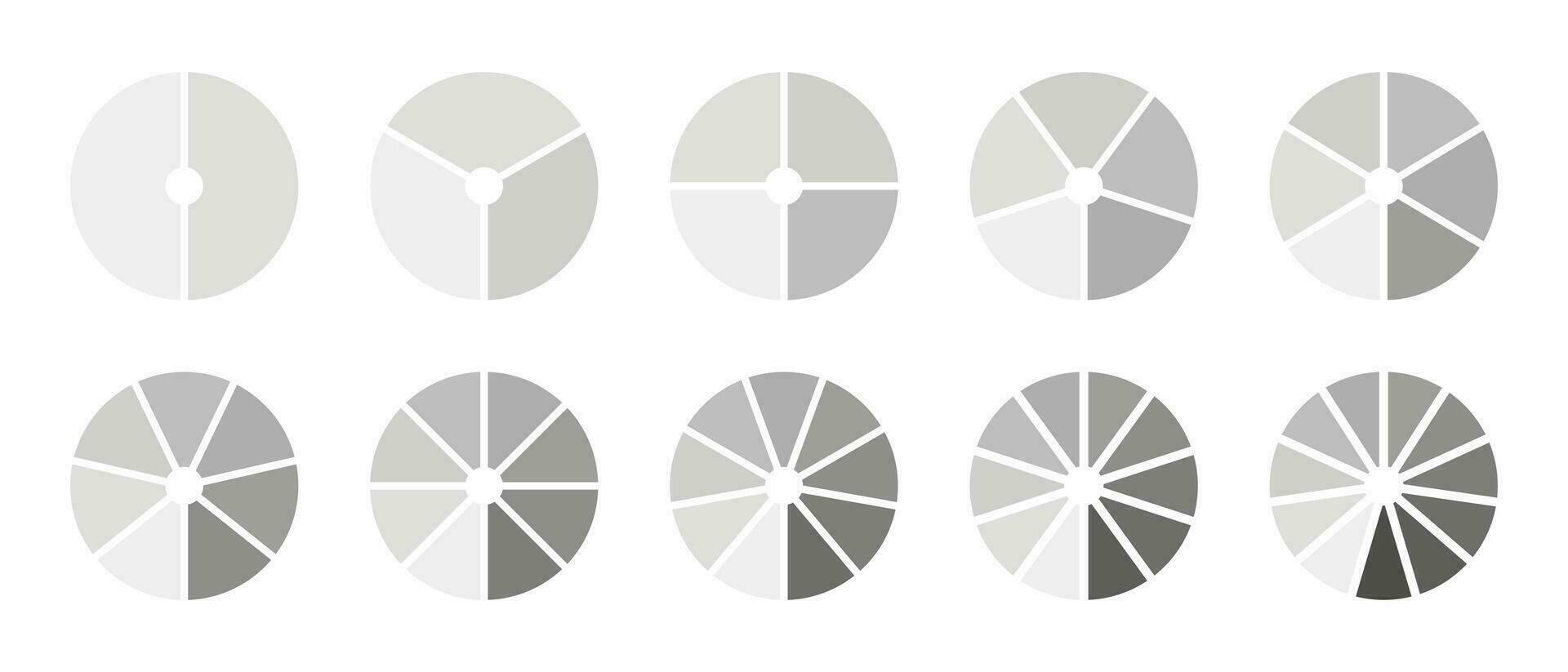 uppsättning av cirkel division på 2, 3, 4, 5, 6, 7, 8, 9, 10, 11 likvärdig delar. infographic grafer. runda dividerat diagram med segment. infographic samling. coaching hjul ämnen. vektor illustration. eps.