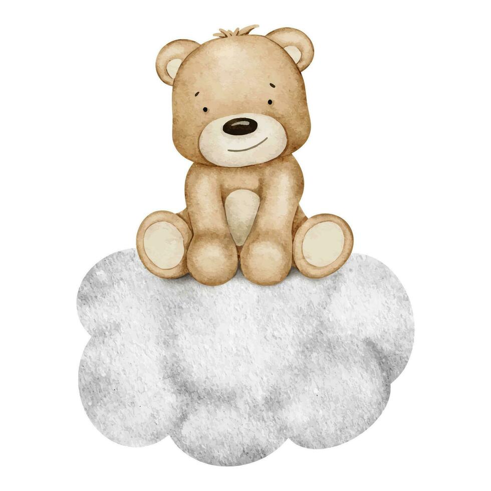 Baby Bär Spielzeug ist Sitzung auf das Wolke. Teddy Spielzeug. süß Kinder- Charakter. Aquarell Illustration. isoliert. Ideal zum Baby Dusche, Poster, Karten, Einladungen, Stoff, Kinder- Zimmer Design, Logo vektor
