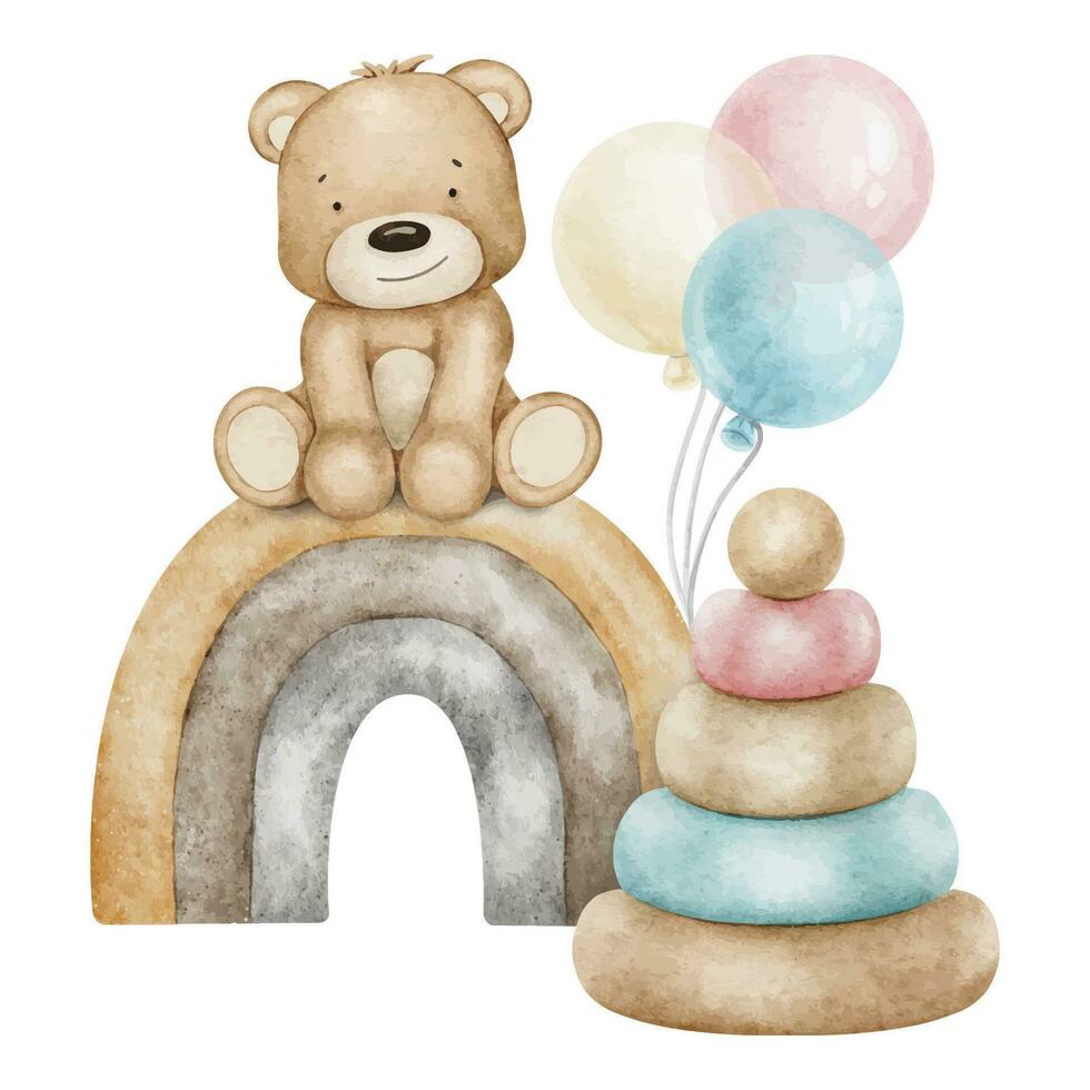 Babys Spielzeuge. hölzern Pyramide, Luft Luftballons, Regenbogen und Teddy tragen. Aquarell Illustration. isoliert. Clip Art zum Kinder Waren, Kinder Geschäft, Karten, Baby Dusche, Kinder- Zimmer und Spielzeug vektor