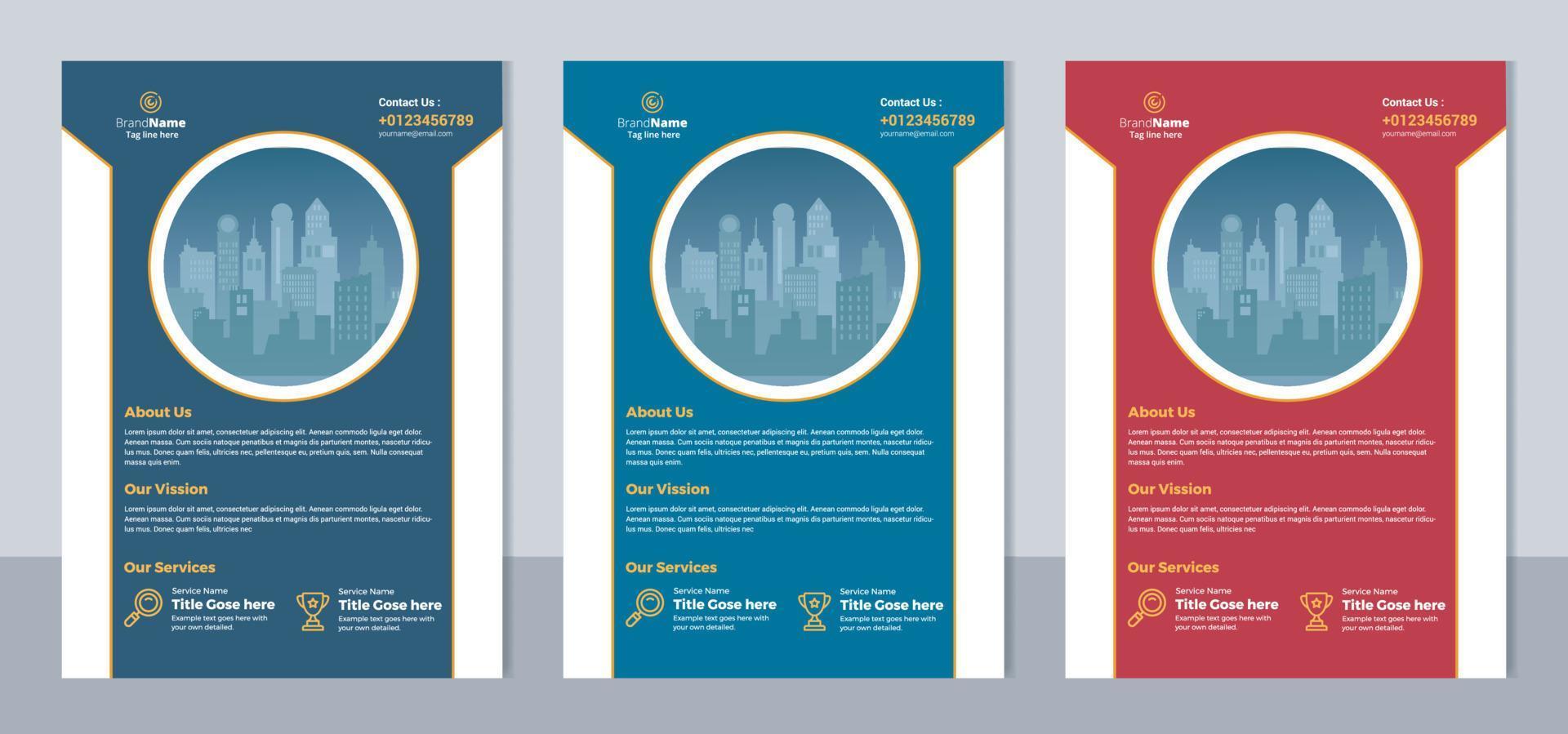 Set aus 3 Farbvariationen, Flyer, Broschürenabdeckung, modernes Layout, Jahresbericht, Poster, Broschürenvorlagendesign, Brief- und A4-Format. vektor