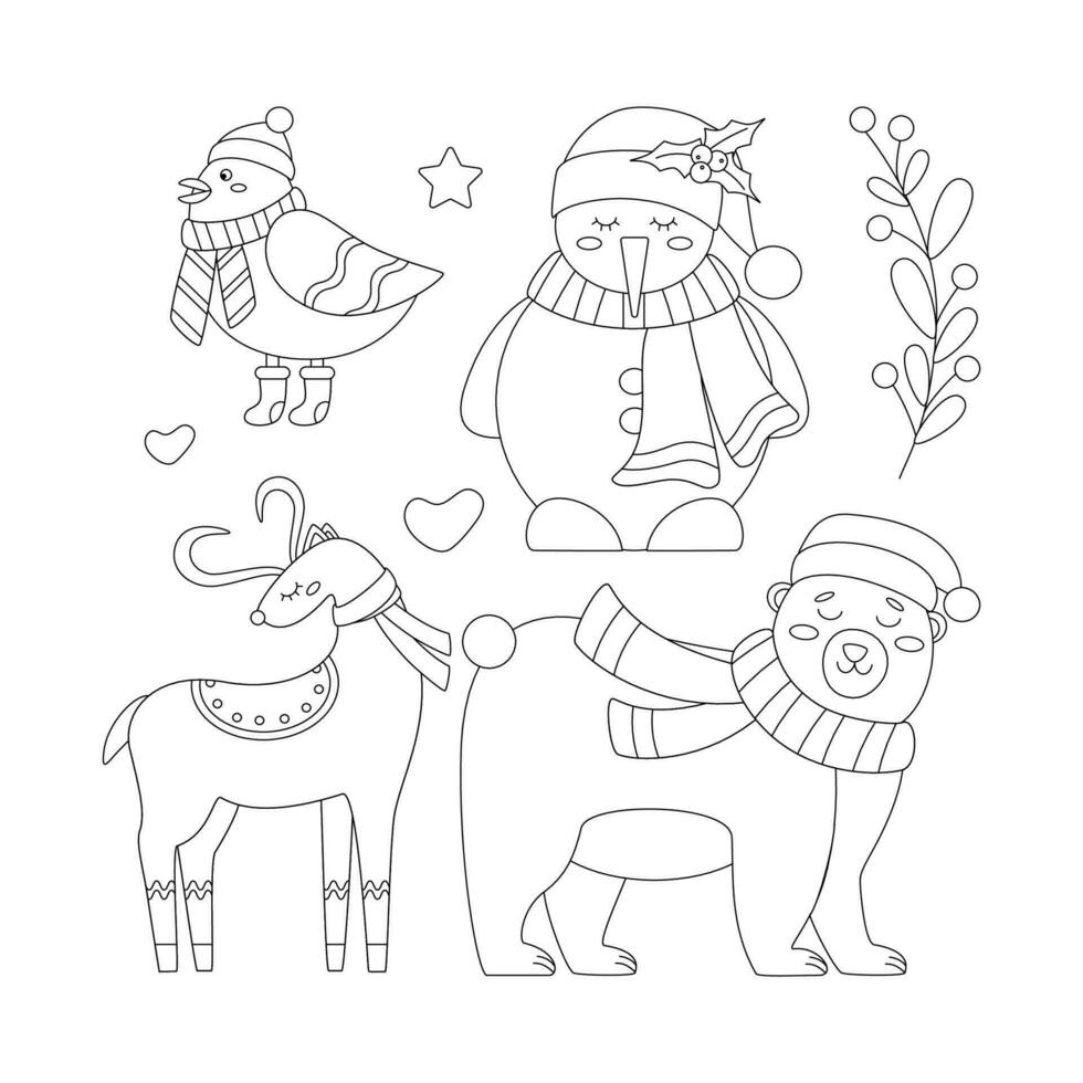 einstellen von Weihnachten Reh, tragen, Vogel, Schneemann im ein Schal und Hut mit ein Zweig von Mistel und Beeren. vektor
