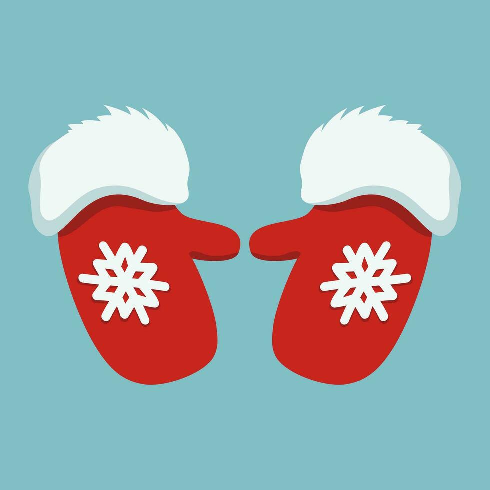två röd vantar med snöflingor på dem. röd vantar av santa claus med päls. symbol av jul och ny år. värma kläder för de vinter- säsong. vektor illustration.