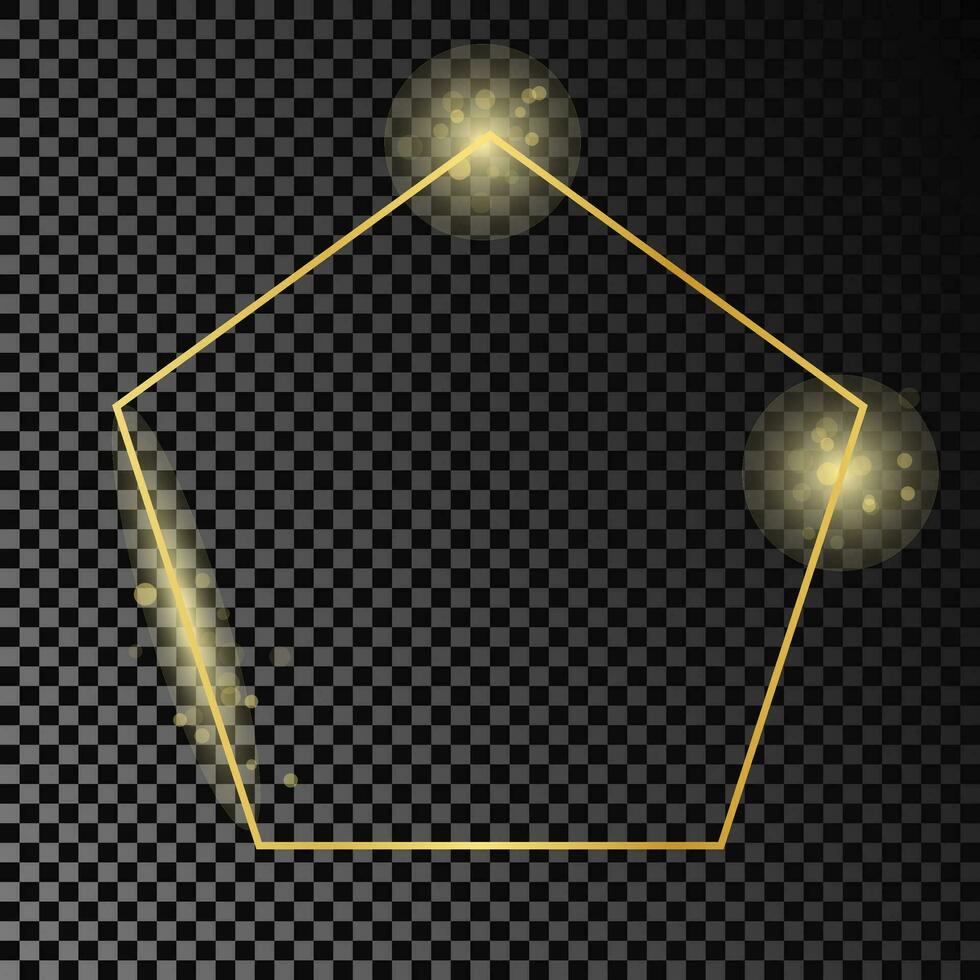 Gold glühend Pentagon gestalten Rahmen isoliert auf dunkel Hintergrund. glänzend Rahmen mit glühend Auswirkungen. Vektor Illustration.