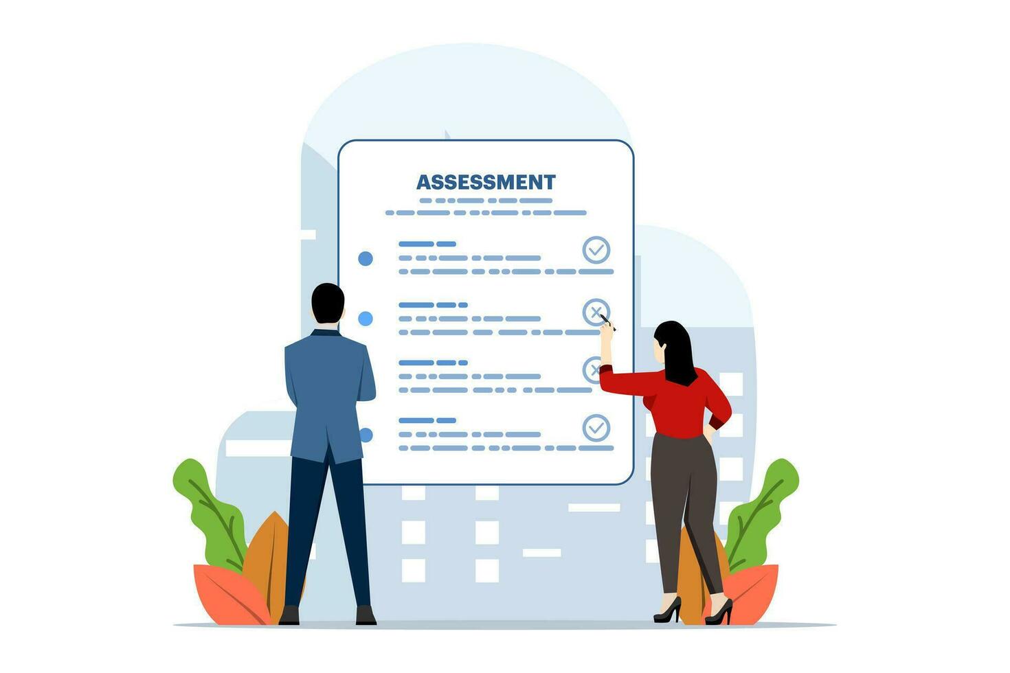 utvärdering begrepp, bedömning analys, prestanda, förbättring, risk, resultat och respons, analyserar de nivå av potential. kontrollera eller begränsning. platt vektor illustration på vit bakgrund.