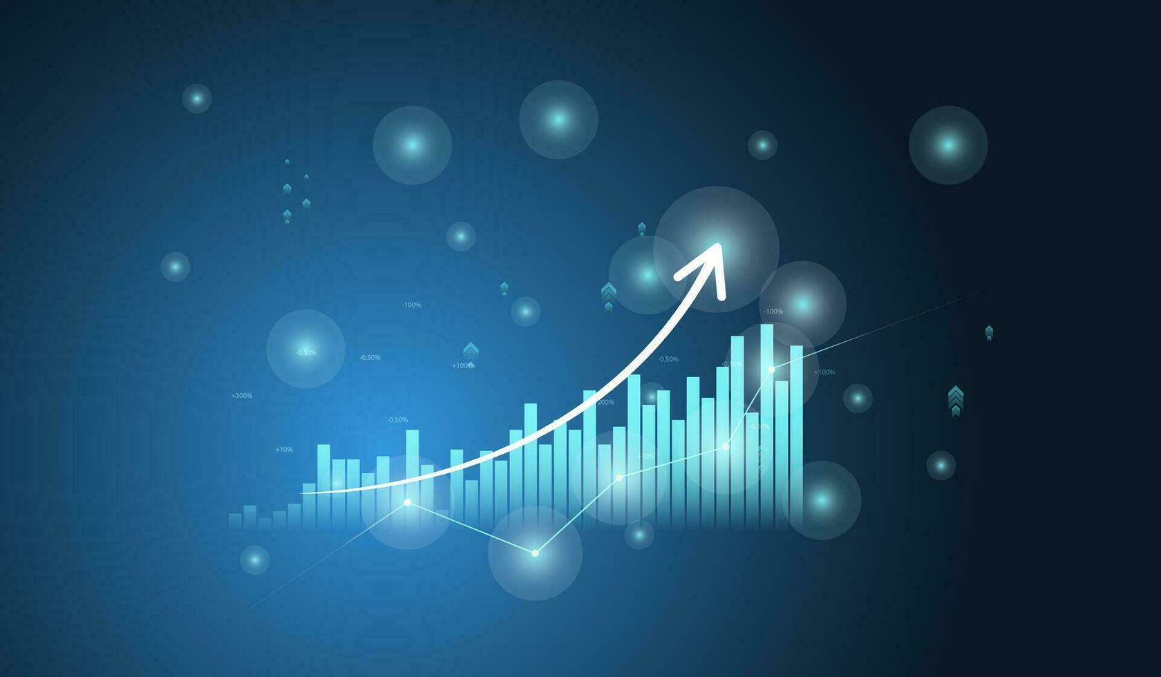 Geschäft und finanziell Diagramm mit ziehen um oben Pfeil Graph und Welt Karte im Lager Markt auf Blau Farbe Hintergrund Vektor