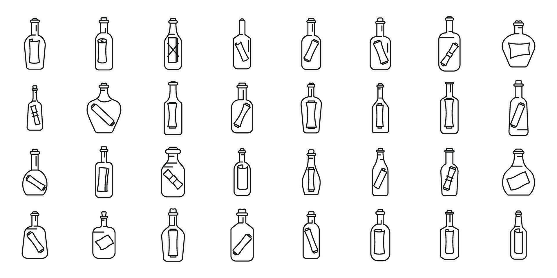 Nachricht in den Flaschensymbolen stellten Umrissvektor ein. Kork aus Papier vektor