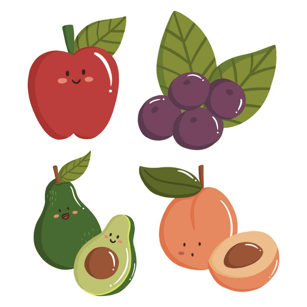 illustration söt hand dragen av äpple, avokado, blåbär och persika klotter karaktär design, vektor