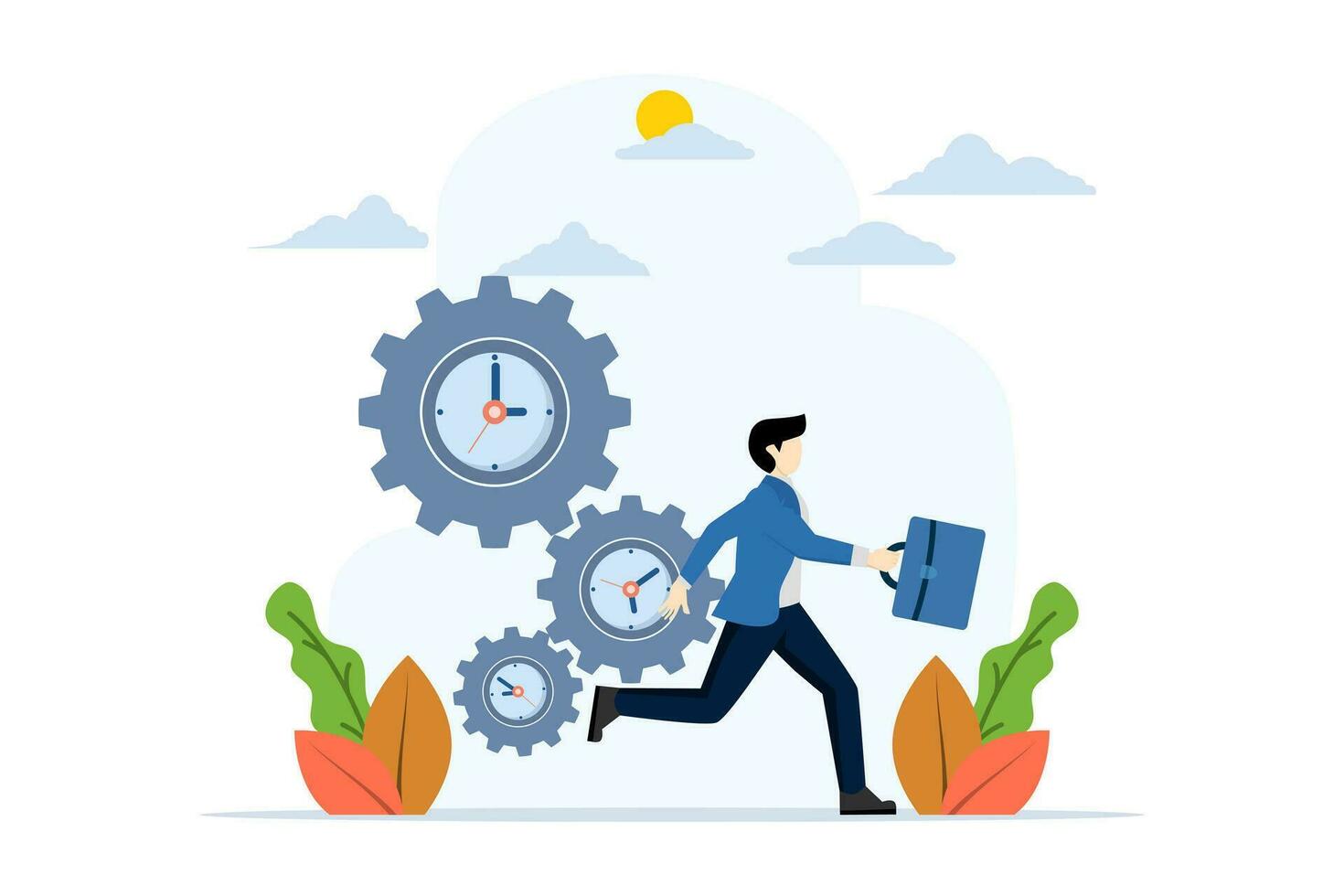 tid förvaltning begrepp, kontor arbetstagare karaktär löpning med klocka och växlar. tid gränser och topp timmar. tid organisation effektivitet. tidsfrister. Bra företag processer. kontor inträde begränsa. vektor