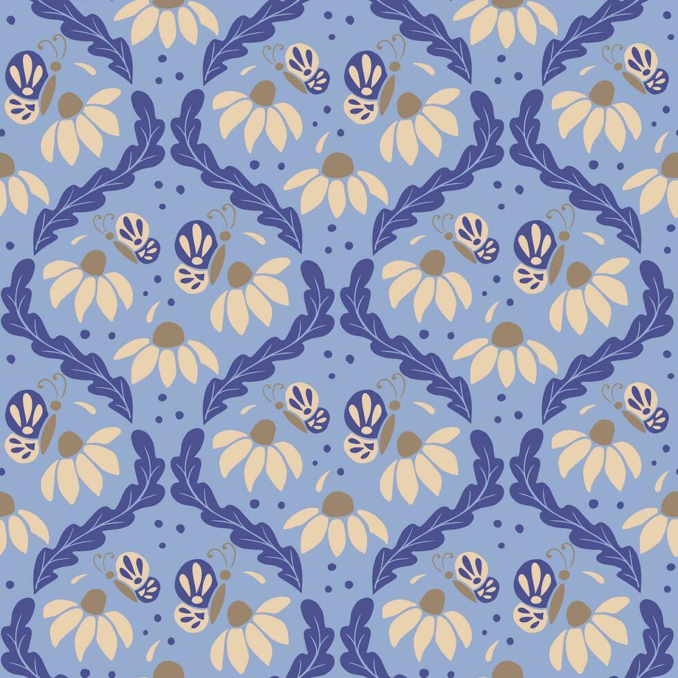 retro Jahrgang nahtlos Muster mit Blumen und Schmetterlinge. Hand gezeichnet eben abstrakt Blumen, Blätter und Schmetterlinge auf Blau Hintergrund. modisch drucken Design zum Textil, Hintergrund, Innere vektor