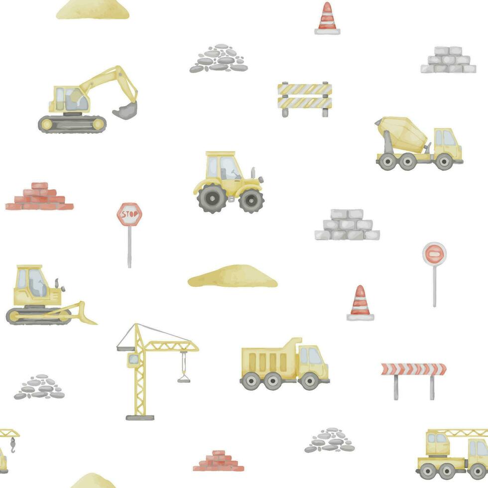 lastbil sömlös mönster vattenfärg illustration. hand dragen bilar och väg tecken på isolerat bakgrund. skiss av konstruktion maskin för Kläder och tyger för bebis pojke vektor
