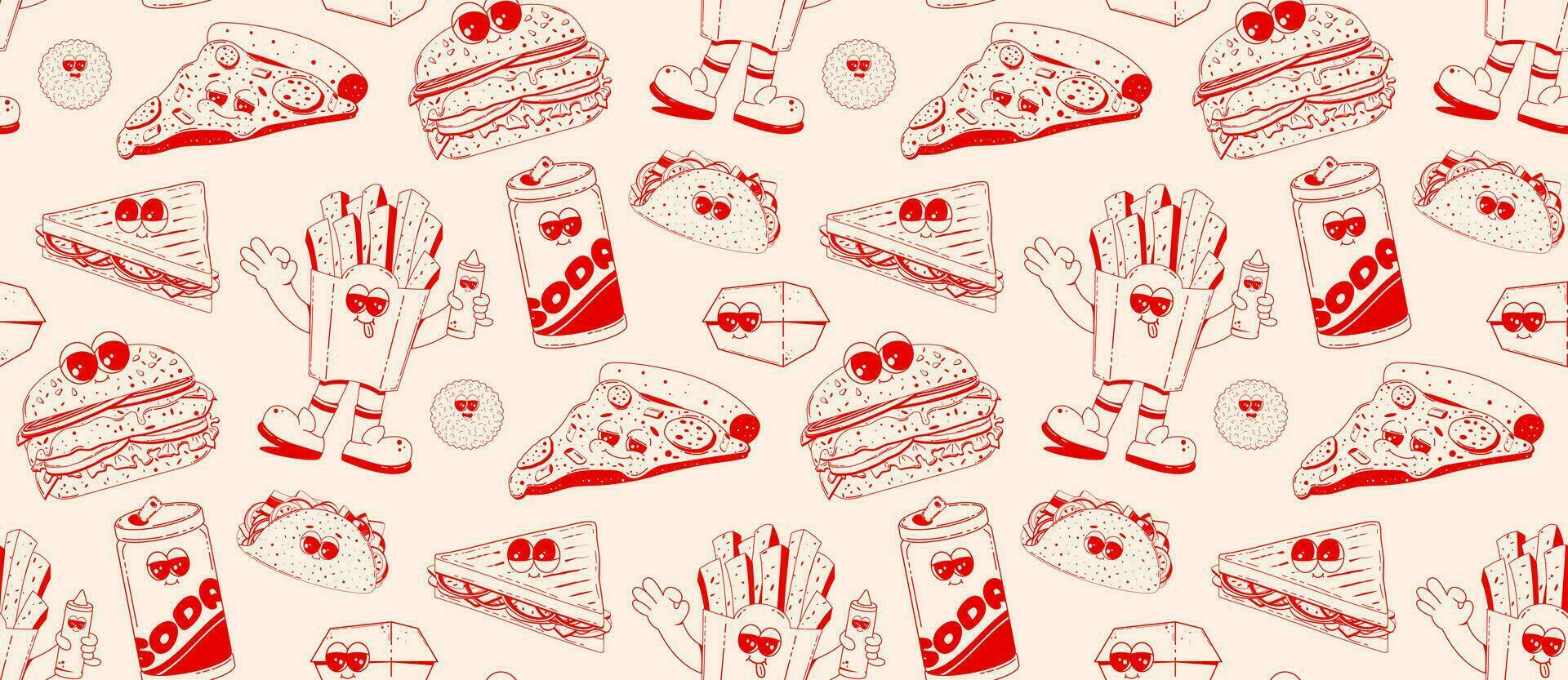 uppsättning av snabb mat tecken i retro linjär stil. hamburgare, pizza, soda, hod hund, pommes frites. klotter illustration i retro tecknad serie stil. vektor