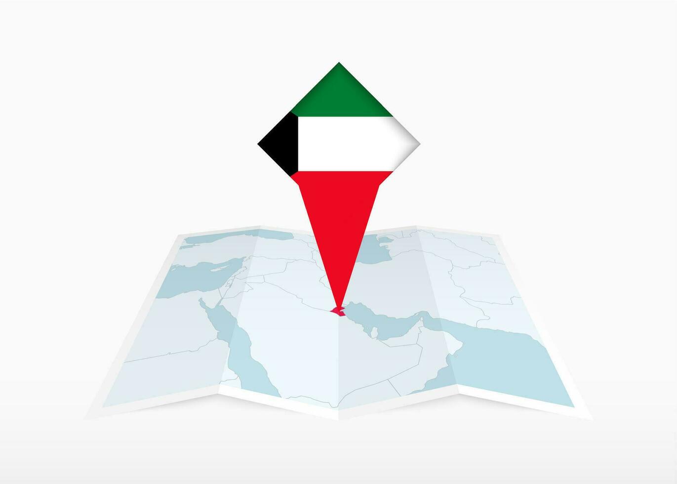 kuwait är avbildad på en vikta papper Karta och fästs plats markör med flagga av kuwait. vektor