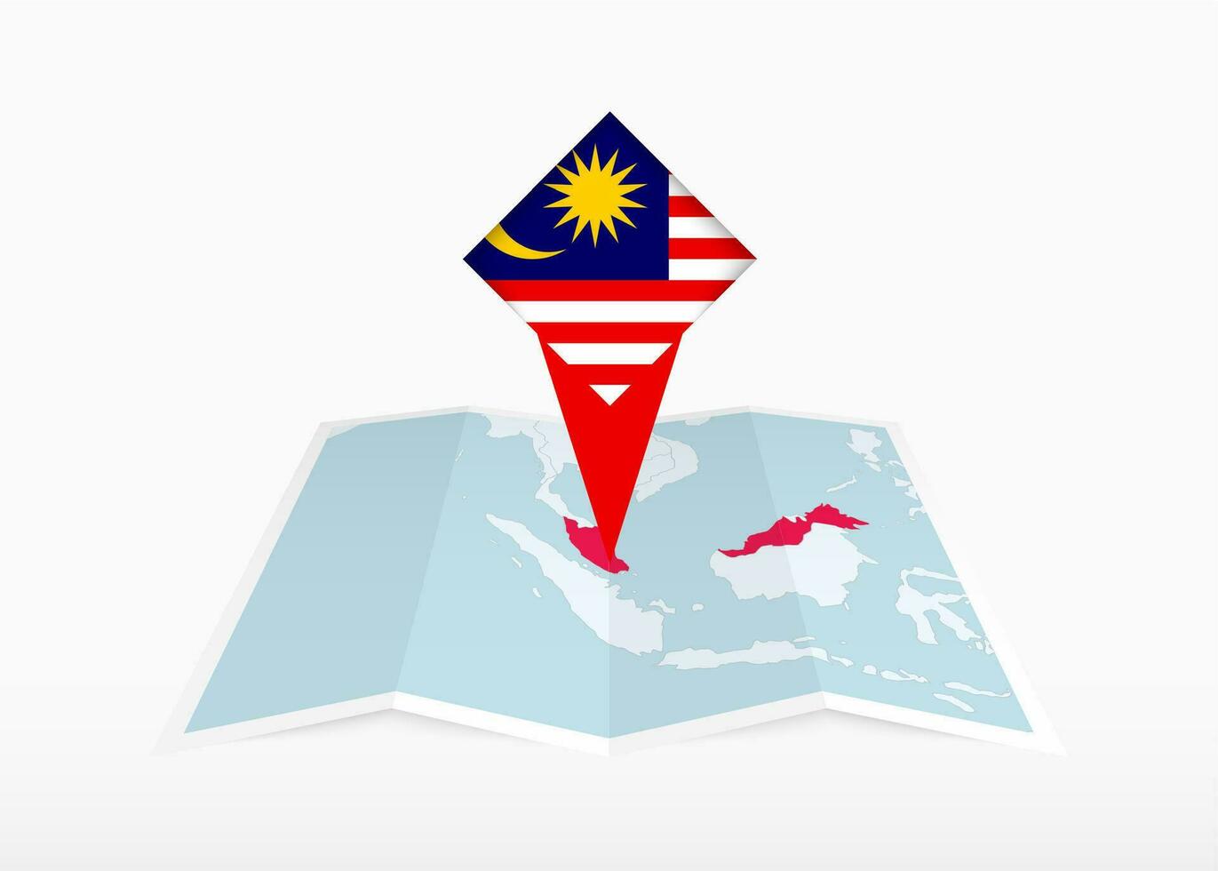 malaysia är avbildad på en vikta papper Karta och fästs plats markör med flagga av malaysia. vektor