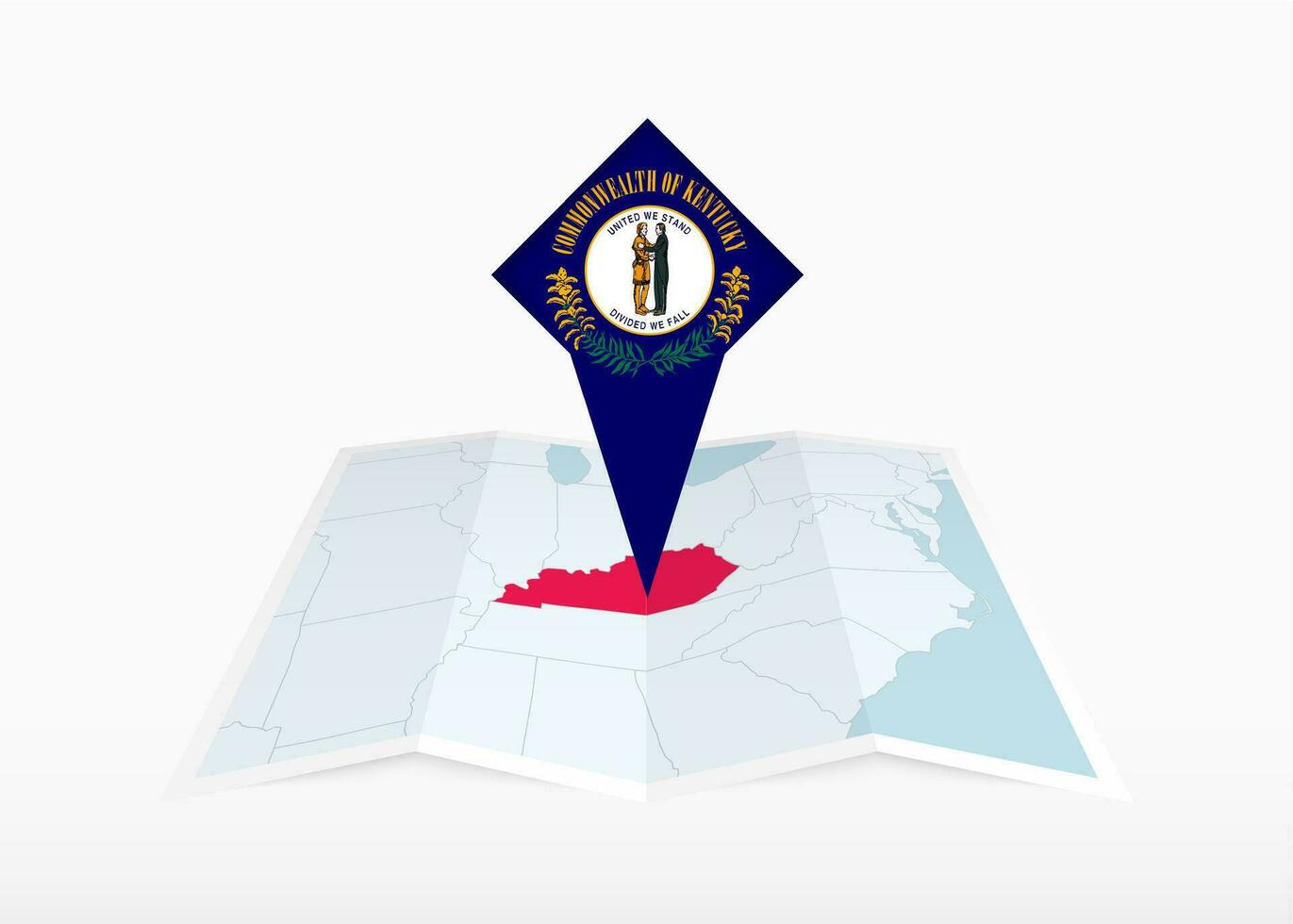 Kentucky ist abgebildet auf ein gefaltet Papier Karte und festgesteckt Ort Marker mit Flagge von Kentucky. vektor