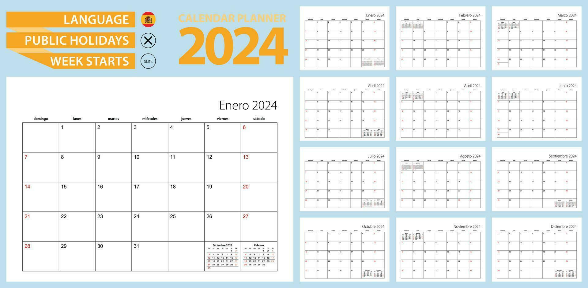 spanska kalender planerare för 2024. spanska språk, vecka börjar från söndag. vektor