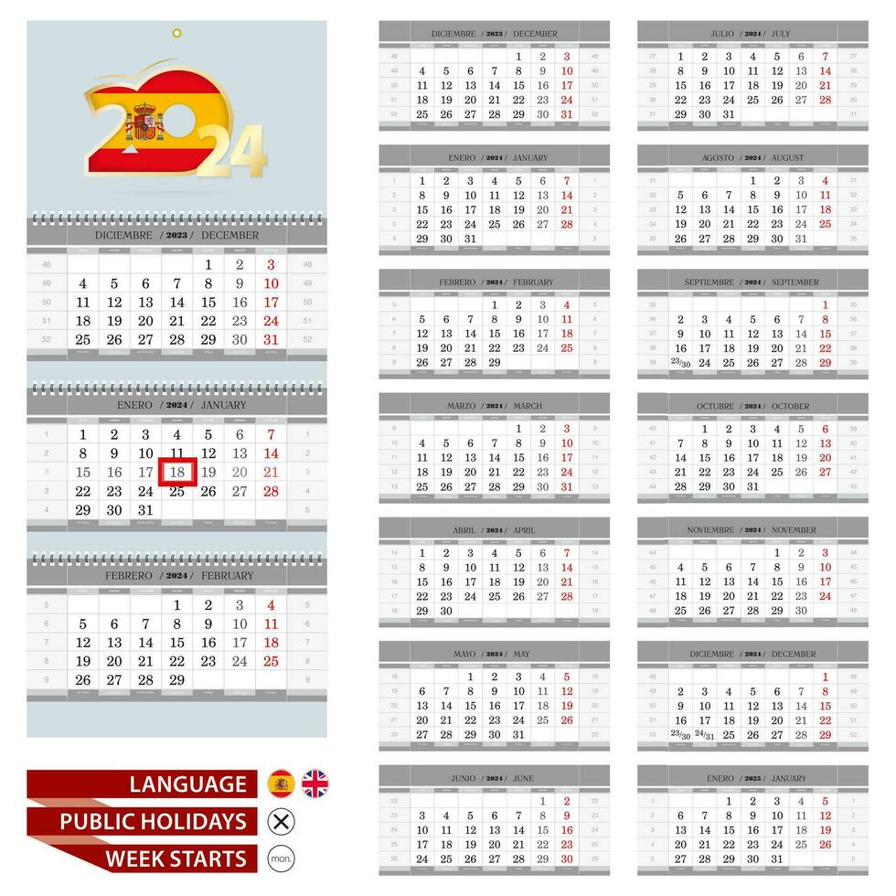 Spanisch und Englisch Sprache Kalender zum 2024 Jahr. Woche beginnt von Montag. vektor