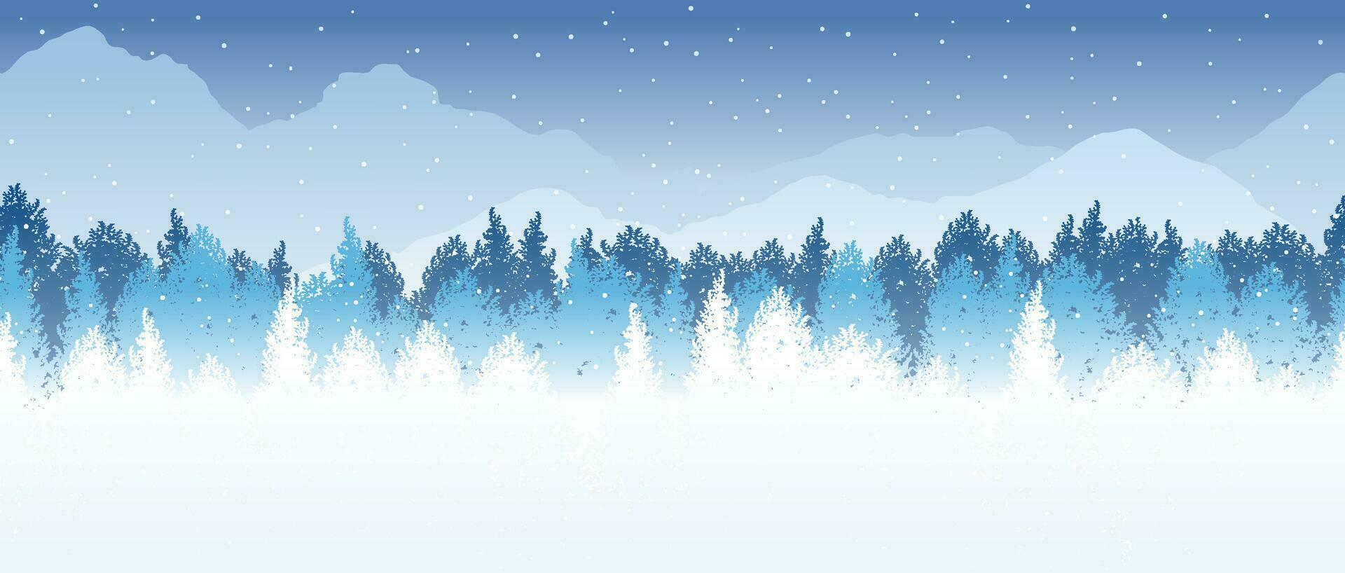 Vektor nahtlos Winter Wald Hintergrund Illustration mit schneebedeckt Berge im das Hintergrund. horizontal wiederholbar.