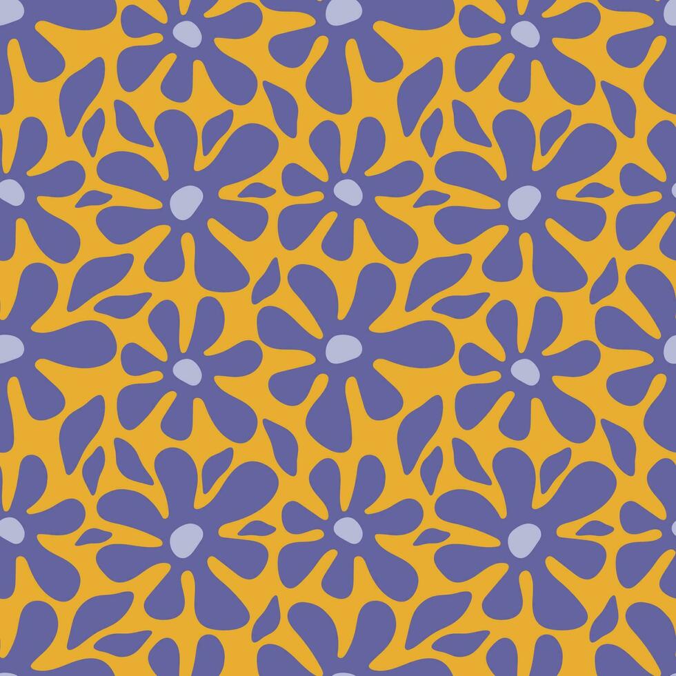 sömlös blommig mönster. abstrakt lila blommor på en gul bakgrund. retro stil. vektor