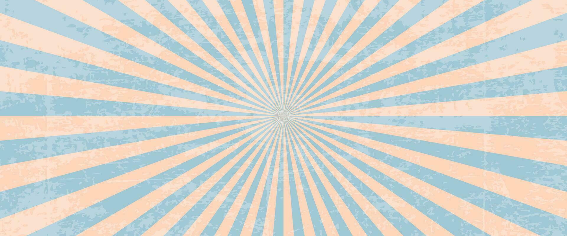årgång grunge sjaskig retro horisontell affisch persika ludd trend Färg 2024 och blå bakgrund med divergerande strålar. vektor