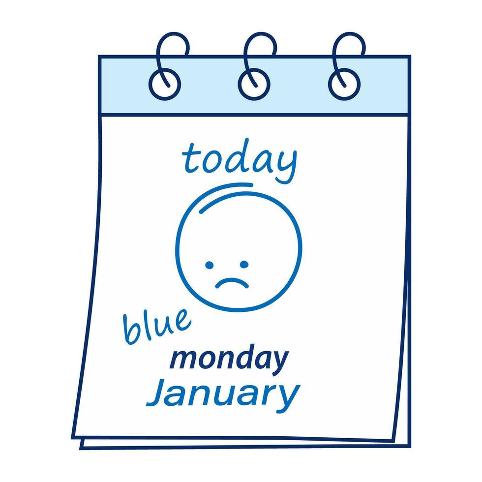 Kalender Blatt mit das Datum Montag Januar, Beschriftung und Schlaganfall wie traurig Smiley Gesicht im modisch Blau vektor