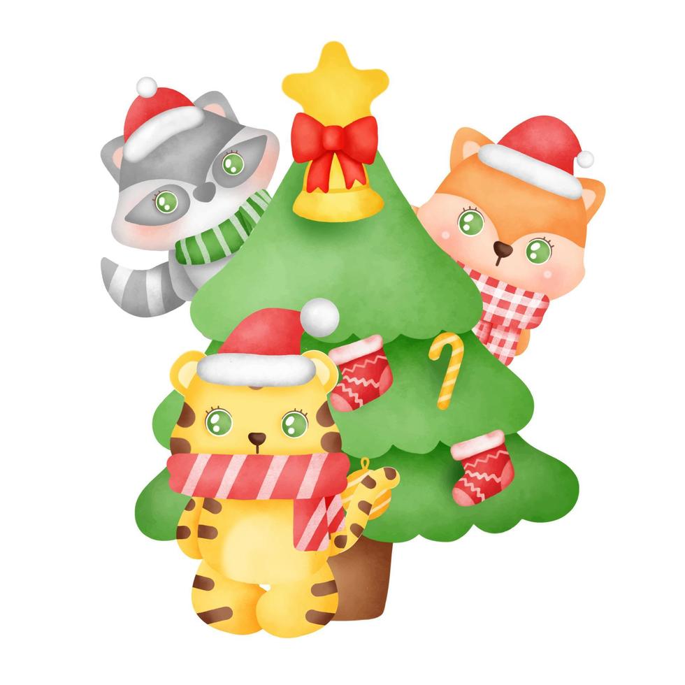 Weihnachts- und Neujahrsgrußkarte mit süßem Tiger und Freunden im Aquarellstil. vektor
