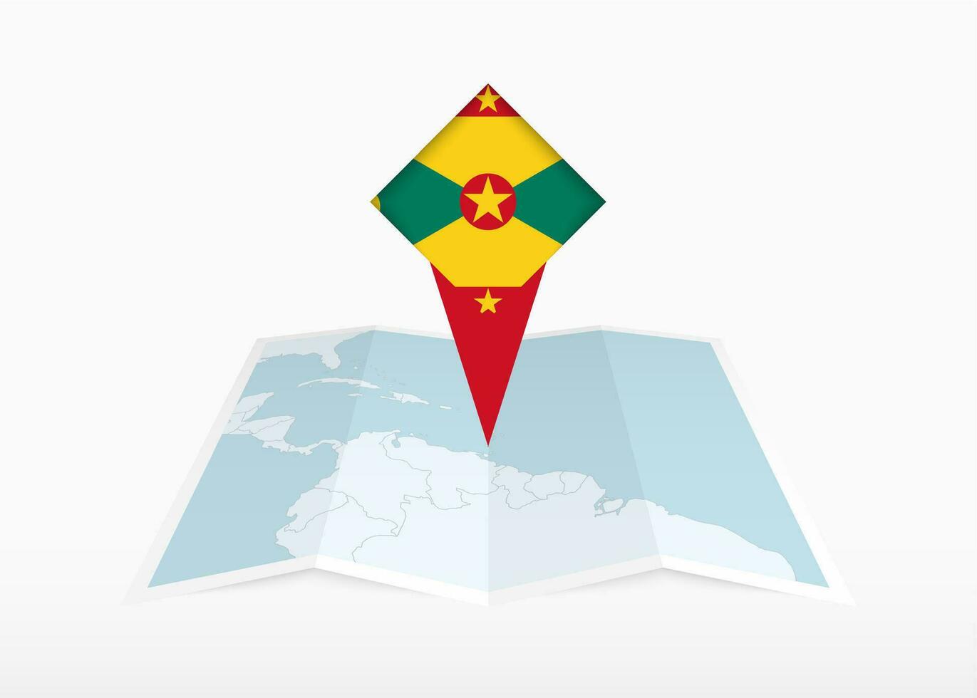 Grenada ist abgebildet auf ein gefaltet Papier Karte und festgesteckt Ort Marker mit Flagge von Grenada. vektor