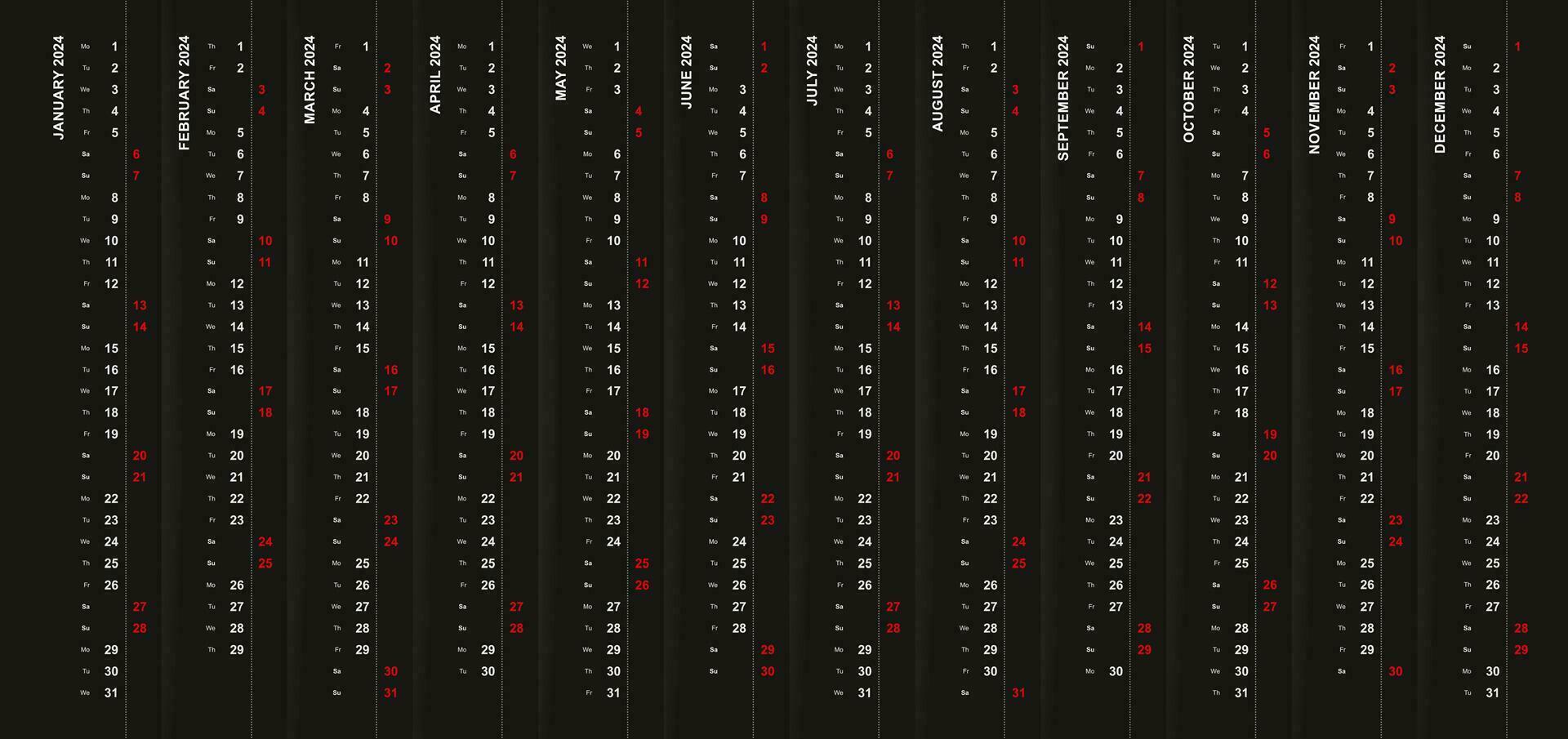 Vertikale Kalender 2024 auf schwarz Hintergrund, Samstag und Sonntag ausgewählt im anders Reihe. vektor