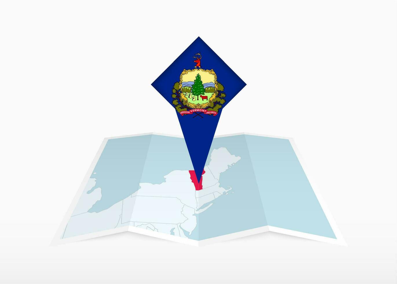 Vermont ist abgebildet auf ein gefaltet Papier Karte und festgesteckt Ort Marker mit Flagge von Vermont. vektor