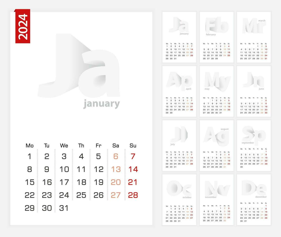 Kalender 2024 Vorlage, minimalistisch Kalender einstellen zum 2024 Jahr. vektor