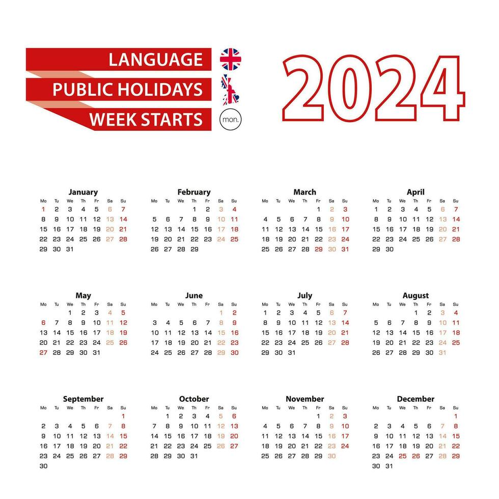 Kalender 2024 im Englisch Sprache mit Öffentlichkeit Ferien von das vereinigt Königreich im Jahr 2024. vektor