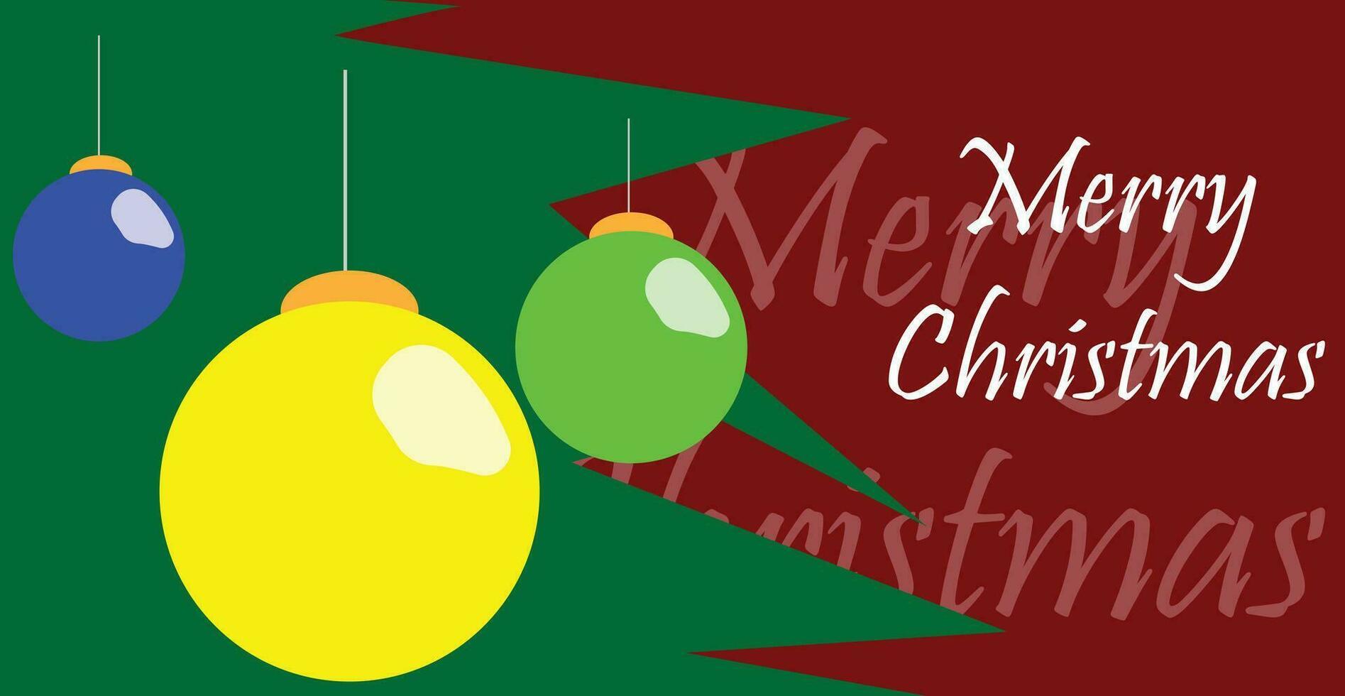 glad jul, jul kort, röd bakgrund, jul träd och bollar vektor, gul och grön och blå bollar, lämplig för social media inlägg och baner och tecken, skola jul annons vektor