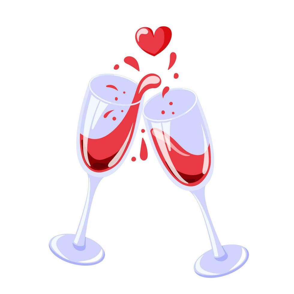 Klirren Brille mit planschen Wein im Karikatur, eben Stil. alkoholisch Getränk. Vektor Illustration isoliert auf ein Weiß Hintergrund.