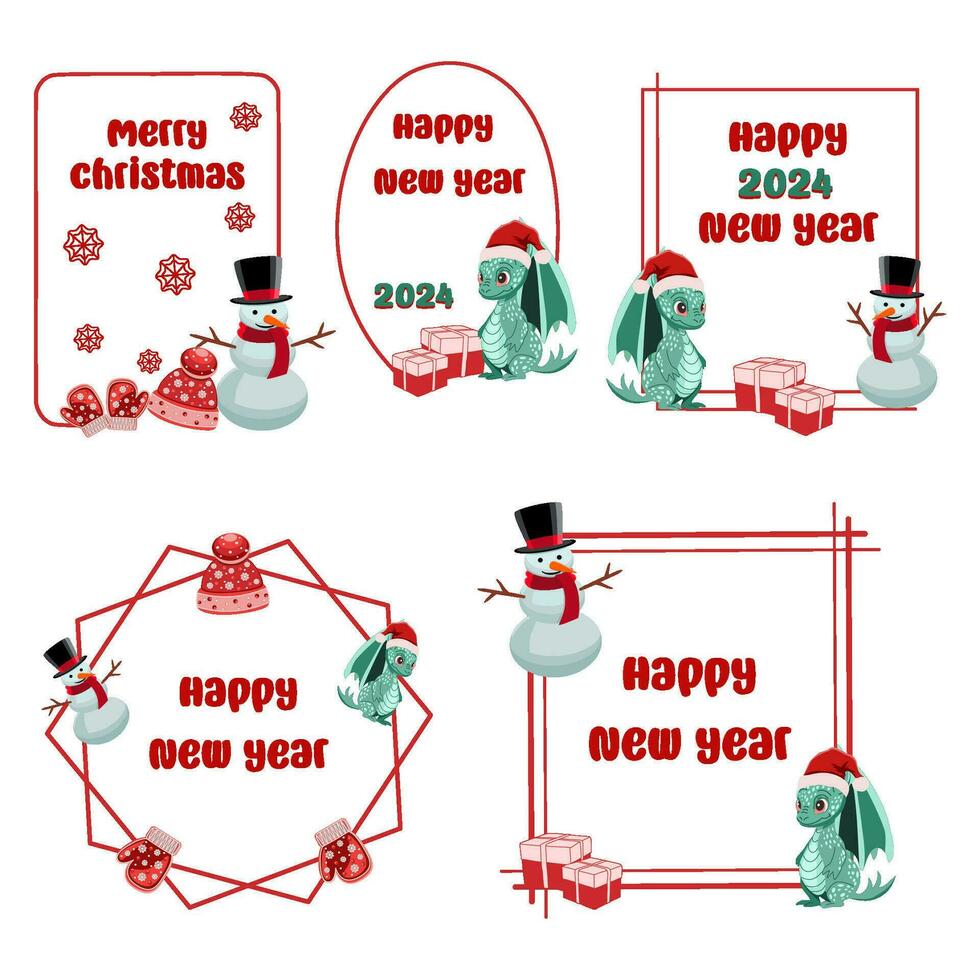 glad jul och Lycklig ny år hälsning kort med söt tecknad serie snögubbe, drake och gåva lådor vektor