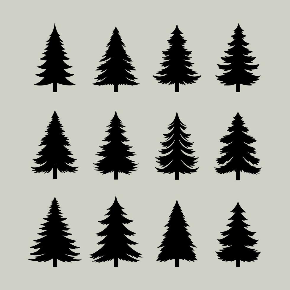 årgång träd och skog silhuetter uppsättning, svart tall trän design på vit bakgrund vektor