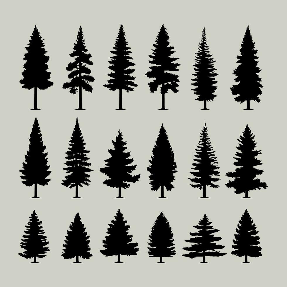årgång träd och skog silhuetter uppsättning, svart tall trän design på vit bakgrund vektor