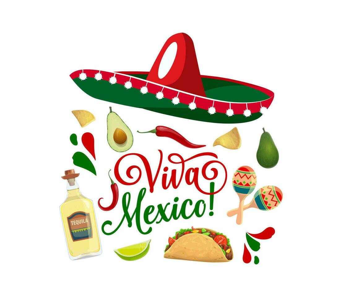 viva mexico baner med sombrero och tex mex mat vektor