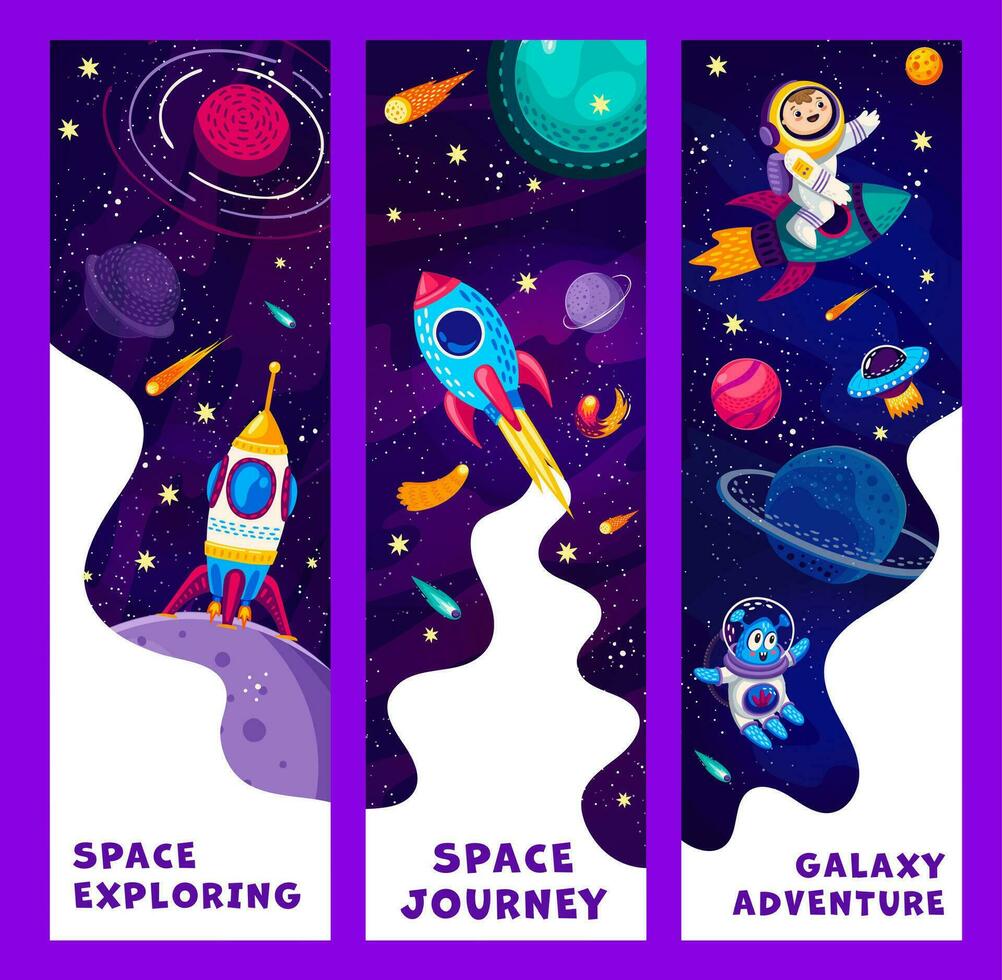 Karikatur Raum Banner, Astronaut, Außerirdischer und Rakete vektor