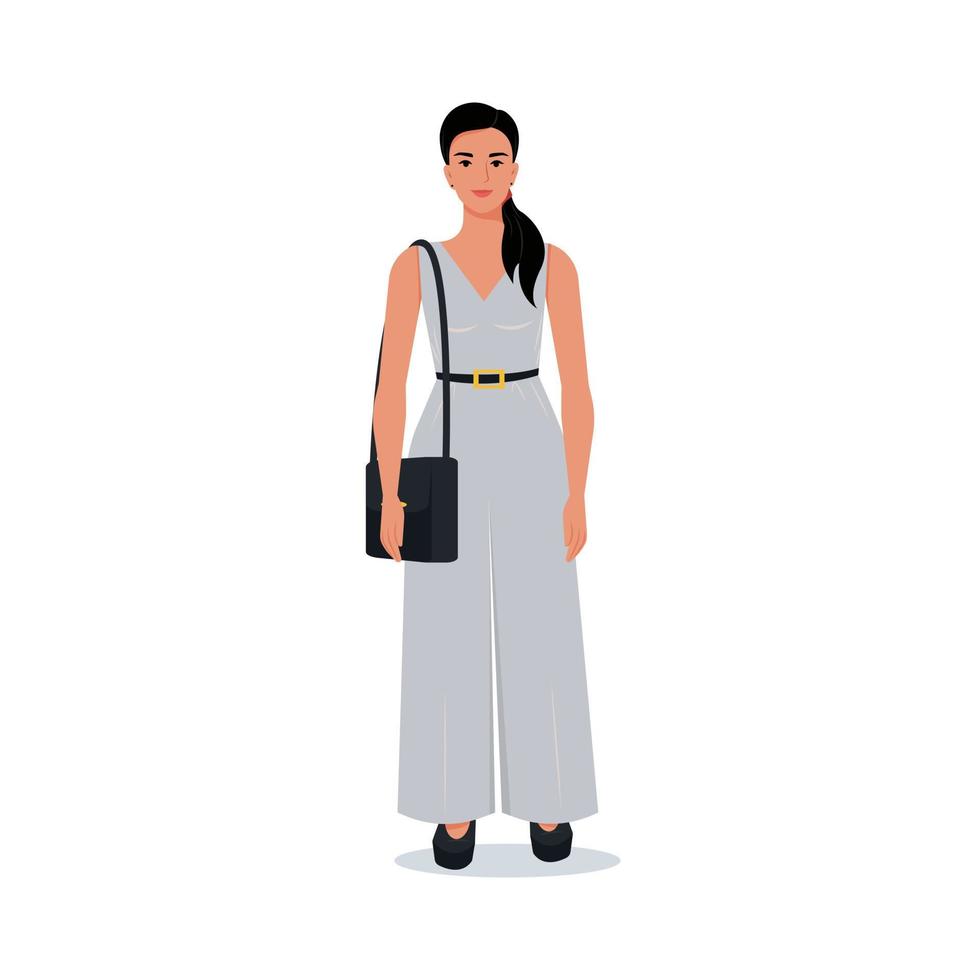 Frau in stylischer Business-Kleidung mit einer Tasche auf der Schulter. Vektor weiblicher Charakter im flachen Stil
