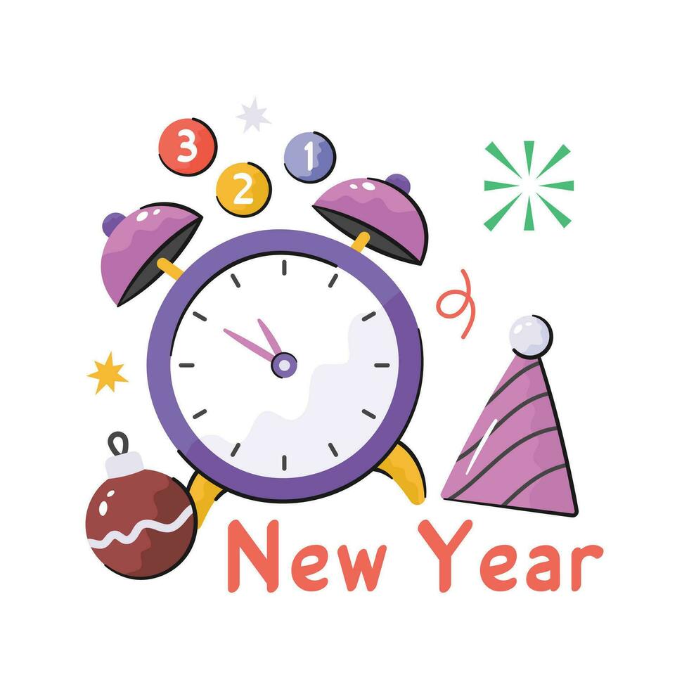 Neu Jahr Alarm Uhr mit Countdown bezeichnet Konzept eben Symbol von glücklich Neu Jahr 2024 vektor
