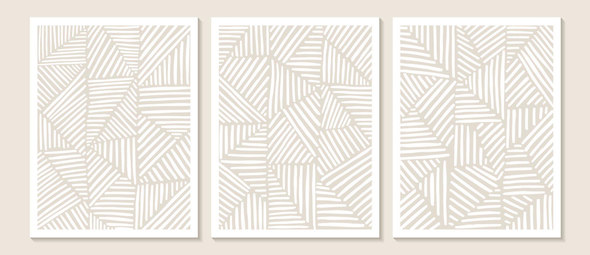 trendige zeitgenössische abstrakte Wandkunst, 3er-Set Boho-Kunstdrucke, minimale schwarze Formen auf Beige. Kreative geometrische minimalistische künstlerische handgemalte Komposition aus der Mitte des Jahrhunderts. vektor